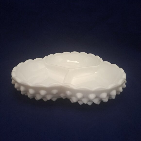 Vintage Fenton Hobnail Scalloped Milk Glass 3-Section Divided Relish Candy Dish - Picture 1 of 8